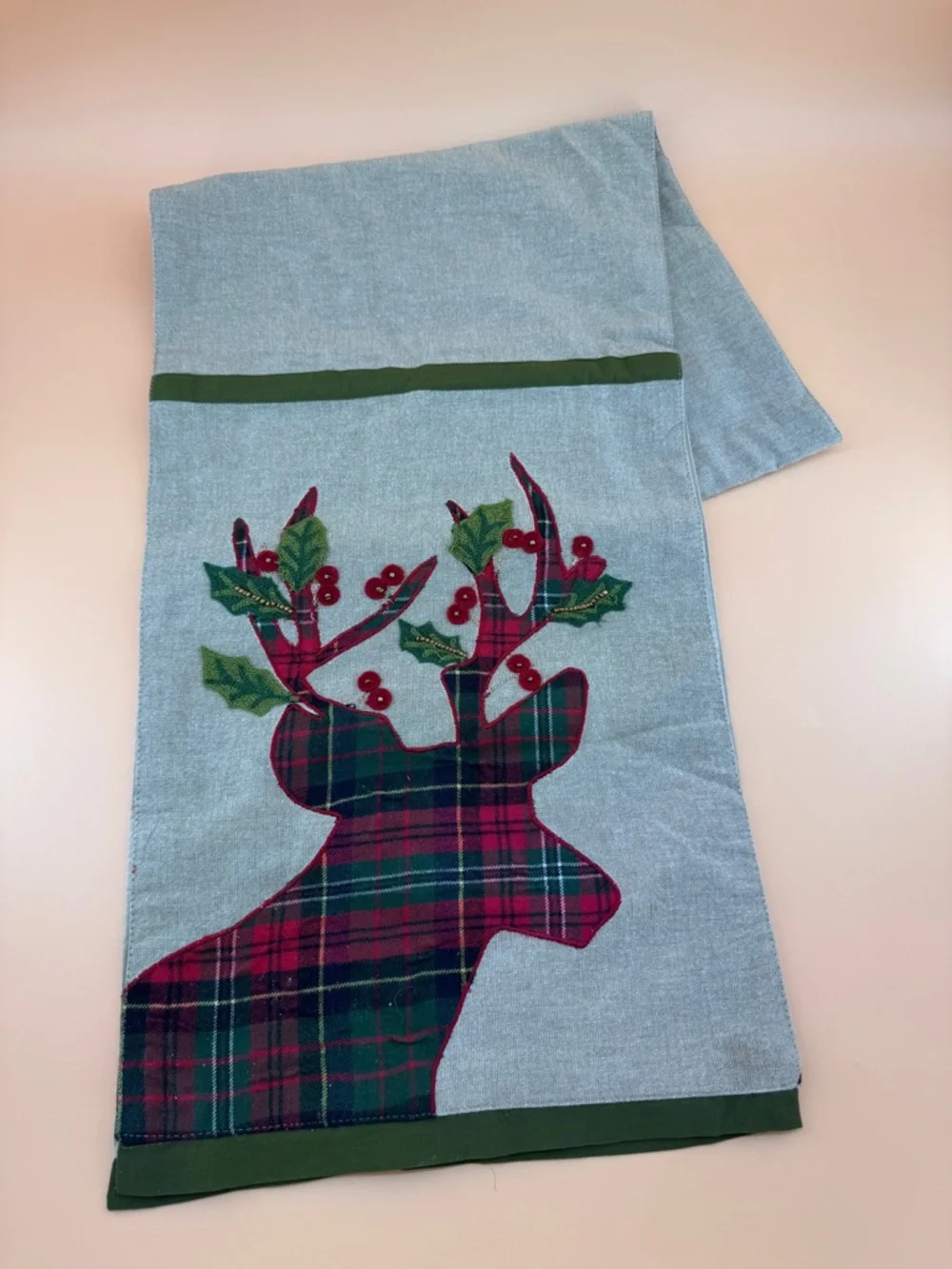 Pier 1 Imports Plaid Reindeer Christmas Table Runner Holiday Deer Cream Gold 72”